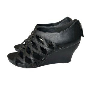 Eileen Fisher Cage Lattice Wedge Heels Black Leather Open Toe Size 7